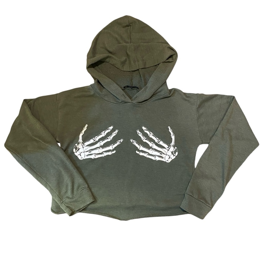G MINI SKELETON HANDS CROP PULLOVER HOODIE OLIVE GREEN AND WHITE SIZE SMALL